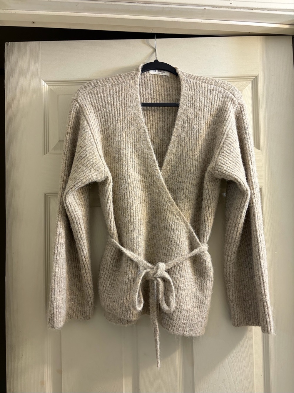 Beige Ribbed Wrap Cardigan with Tie Belt